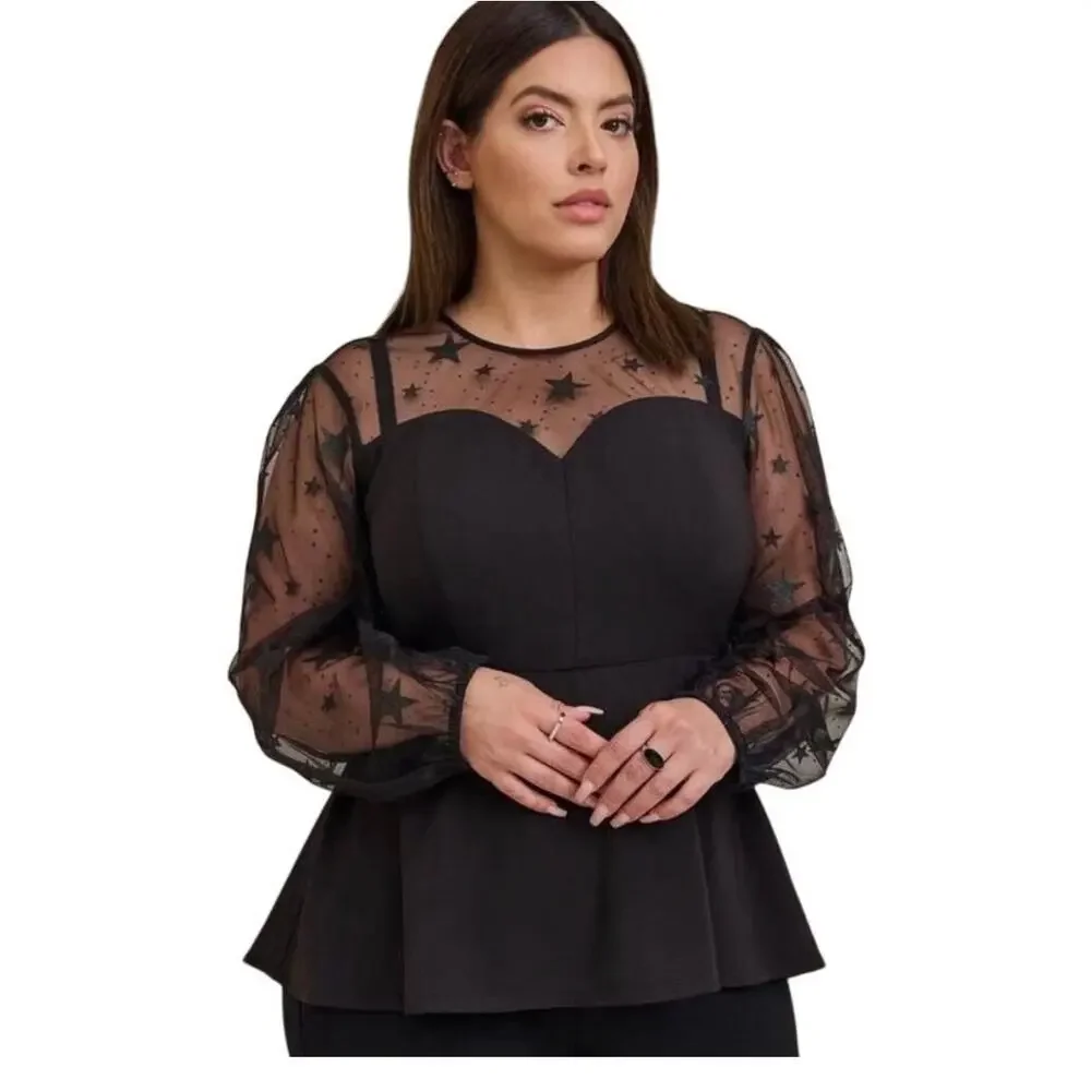 Torrid Black Peplum Blouse Top 2X Mesh Sleeves & Neck Sparkly Stars Whimsygoth - Picture 3 of 11
